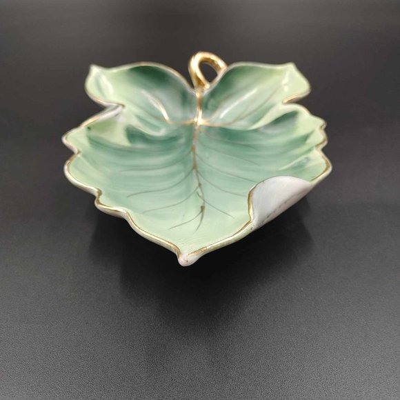 Vintage Norcrest Leaf Trinket Dish Candy Handpainted Green Leaf Gold Trim - Picture 8 of 11